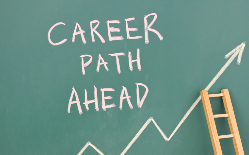 blackboard with "career path ahead" and upward arrow in chalk
